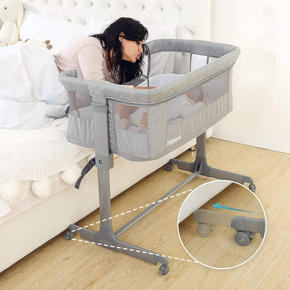 Patoya 2-in-1 Baby Bassinet Bedside Sleeper, Adjustable Portable Crib Bed for Infant/Newborn Baby, Grey